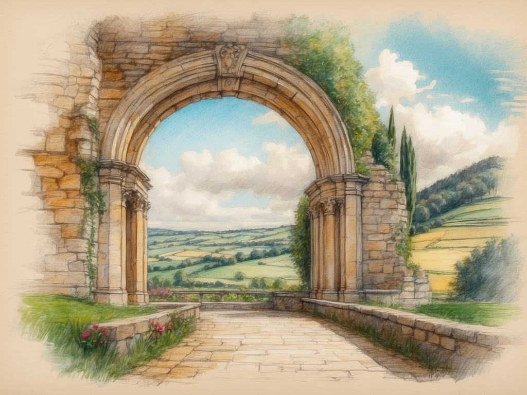Auf dem Bild ist ein malerischer Ausblick durch einen großen, bogenförmigen Eingang zu sehen. Der Rahmen ist aus Steinen erbaut und umgeben von Pflanzen. Im Hintergrund erstrecken sich grüne Landschaften mit Hügeln und Feldern unter einem teilweise bewölkten Himmel.

Die Pfingstferien in Hessen 2024 sind vom 18. Mai bis zum 2. Juni 2024.