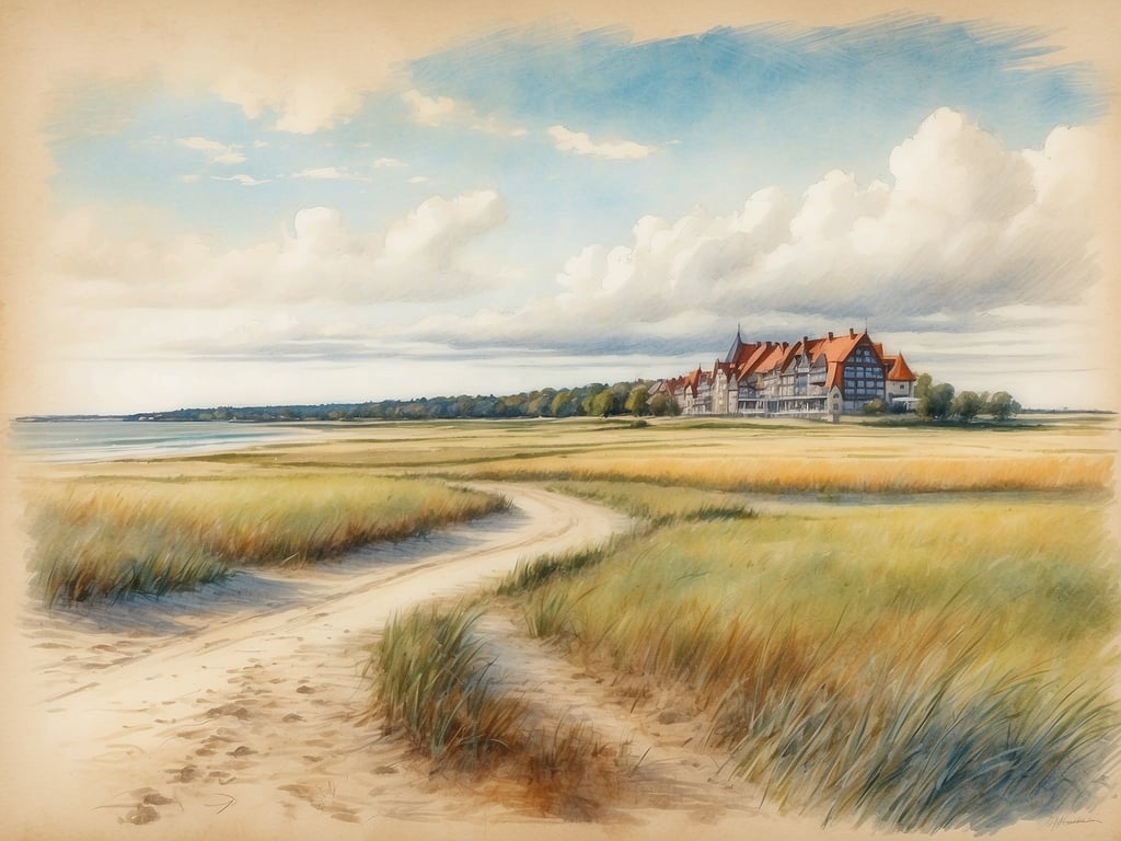 Auf dem Bild ist eine malerische Landschaft zu sehen, die eine sandige Wegführung durch grüne Wiesen und Strandsand zeigt, mit einem Blick auf ein großes Gebäude im Hintergrund, das vermutlich ein Hotel oder eine Pension ist. Die Szenerie wirkt friedlich und einladend.

Die Pfingstferien in Mecklenburg-Vorpommern sind im Jahr 2024 vom 18. Mai bis zum 26. Mai.