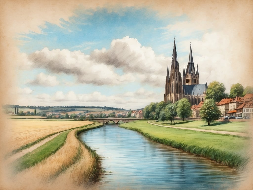 Auf dem Bild ist eine malerische Landschaft mit einer ruhigen Wasserstraße, einem Brückenbogen und einer markanten Kirche oder Kathedrale im Hintergrund zu sehen. Die Szenerie wird von sanften Hügeln und Wolken am Himmel umrahmt, während Wiesen und Felder die Umgebung prägen.

Die Pfingstferien in Nordrhein-Westfalen 2024 sind vom 18. bis zum 30. Mai.