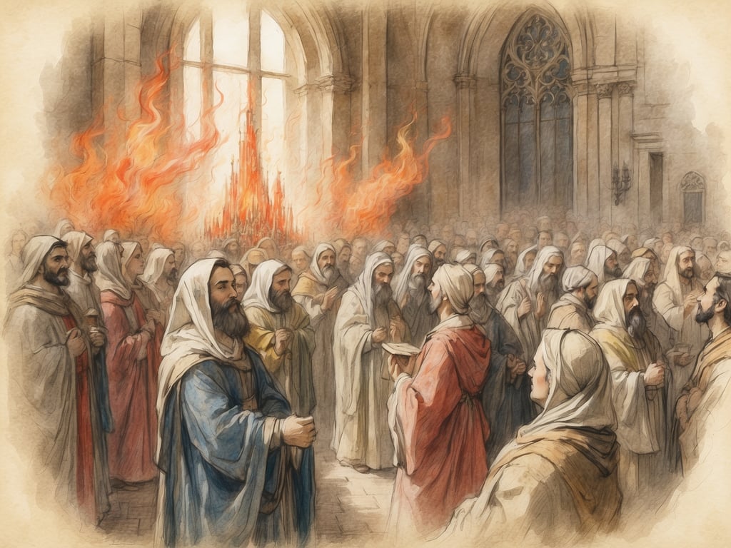 Auf dem Bild sind viele Menschen in einem historischen oder religiösen Raum zu sehen, die anscheinend eine bedeutende religiöse Erfahrung machen. Es gibt frühe christliche Elemente, die auf das Pfingstwunder hinweisen, möglicherweise symbolisiert durch die Flammen im Hintergrund.

Die Pfingstferien in Sachsen-Anhalt 2024 sind vom 18. bis 21. Mai.