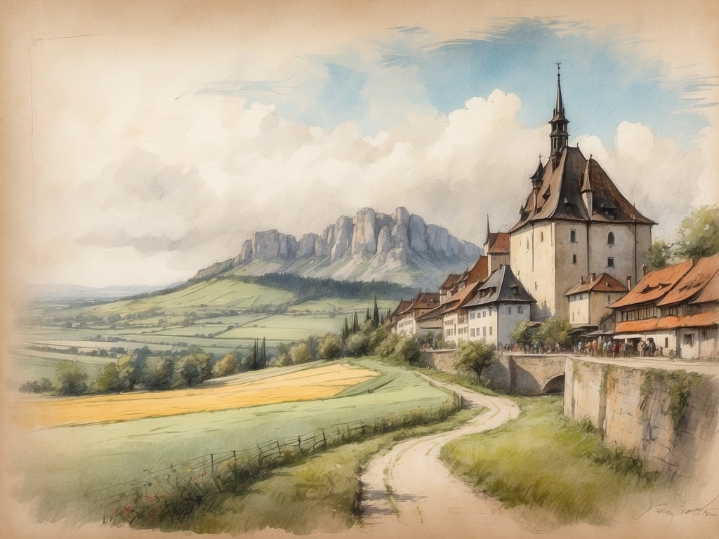 Auf dem Bild ist eine malerische Landschaft mit einem Dorf zu sehen, das von sanften Hügeln und einem Gebirge umgeben ist. Im Vordergrund führen Wege durch grüne Wiesen, und im Hintergrund erkennt man eine große Kirche mit einem hohen Turm sowie mehrere traditionelle Gebäude mit roten Dächern.

Die Pfingstferien in Thüringen 2024 sind vom 18. bis 26. Mai.