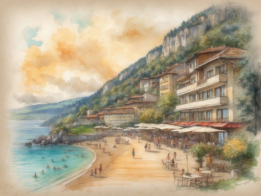 Auf dem Bild sieht man eine malerische Küstenlandschaft mit einem Sandstrand, an dem Menschen baden und spazieren gehen. Im Hintergrund sind schöne Gebäude und eine bewaldete Berglandschaft zu sehen. Es wirkt wie ein angenehmer Ort zum Entspannen und Genießen der Natur.

Die Sommerferien in Baden-Württemberg beginnen 2024 am 25. Juli und enden am 7. September.