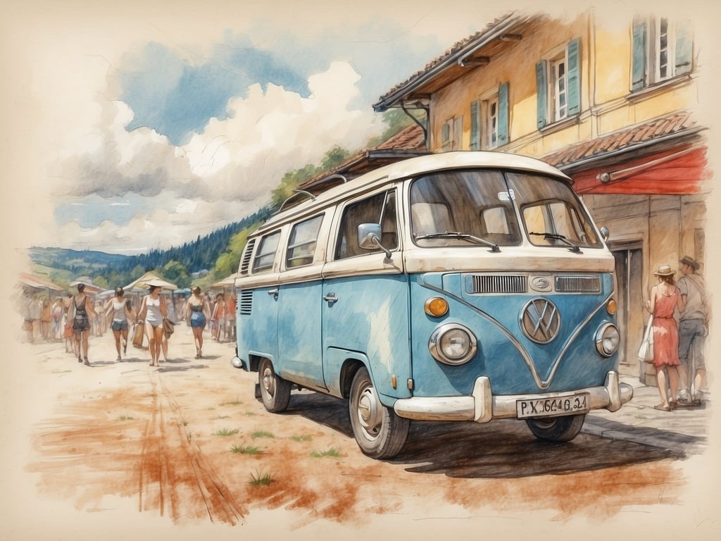 Auf dem Bild ist ein blauer VW-Bus zu sehen, der auf einer Straße steht, während im Hintergrund viele Menschen spazieren gehen. Es scheint eine sommerliche Atmosphäre zu herrschen, mit Gebäuden und Bäumen umgeben.

Die Sommerferien in Baden-Württemberg beginnen im Jahr 2025 am 29. Juli und enden am 11. September.