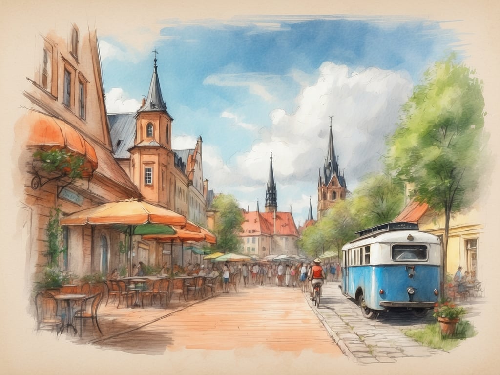 Auf dem Bild ist eine lebhafte Stadtansicht zu sehen. Die Straße ist gesäumt von Cafés mit Sonnenschirmen, und es gibt Menschen, die sich dort aufhalten. Im Hintergrund sind beeindruckende Gebäudestrukturen mit Türmen zu erkennen. Ein blauer Oldtimer-Bus steht am Straßenrand, während ein Radfahrer vorbeifährt.

Die Sommerferien in Brandenburg 2024 beginnen am 1. Juli und enden am 10. August 2024.