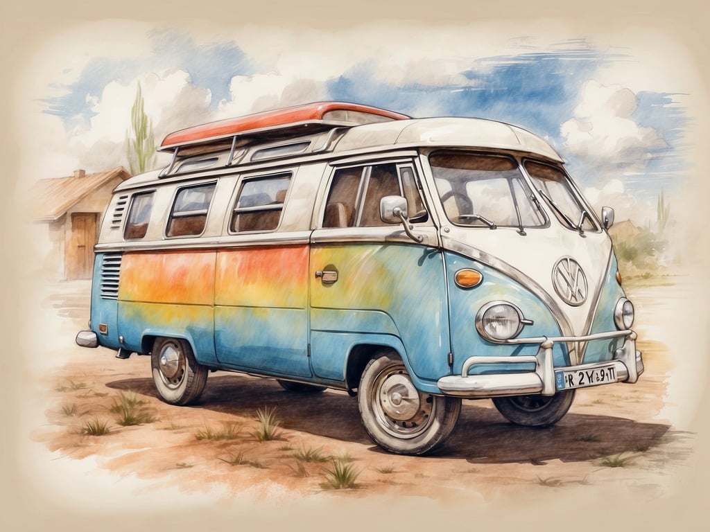 Auf dem Bild ist ein klassischer Volkswagen Bulli (VW T1 oder T2) zu sehen, der in einem nostalgischen Stil mit bunten Farben dargestellt ist. Im Hintergrund sind einige einfache Gebäude und eine natürliche Landschaft erkennbar.

Die Sommerferien in Nordrhein-Westfalen 2024 sind vom 15. Juli bis zum 27. August.