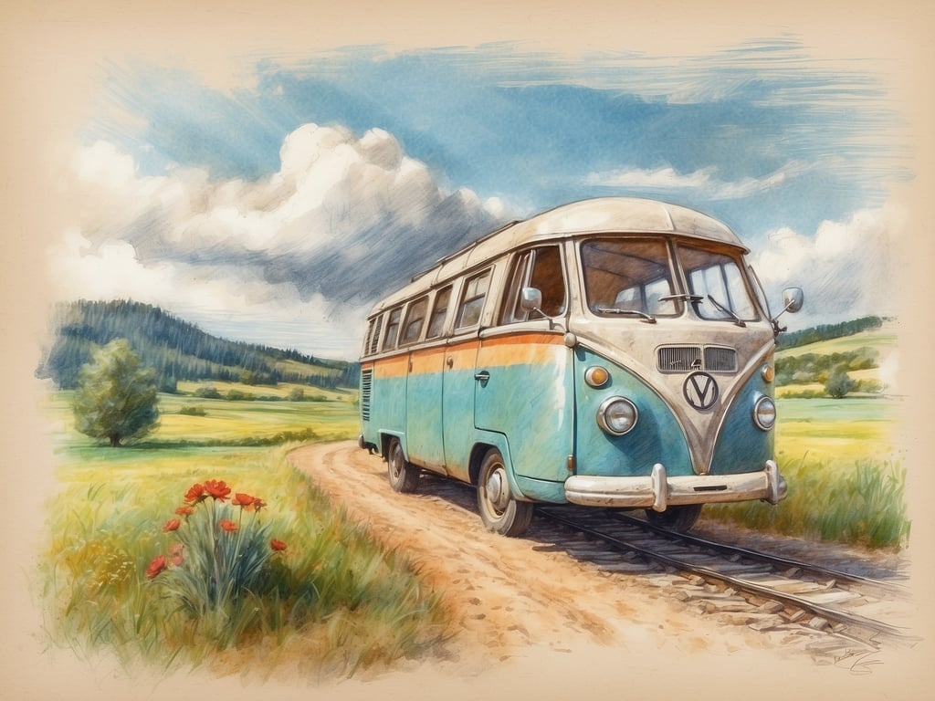 Auf dem Bild ist ein nostalgischer, farbenfroher VW-Bus zu sehen, der auf einem unbefestigten Weg fährt. Die Umgebung zeigt eine idyllische Landschaft mit grünen Wiesen und einem blauen Himmel, über den einige Wolken ziehen.

Die Sommerferien in Thüringen 2024 sind vom 22. Juli bis zum 2. September.