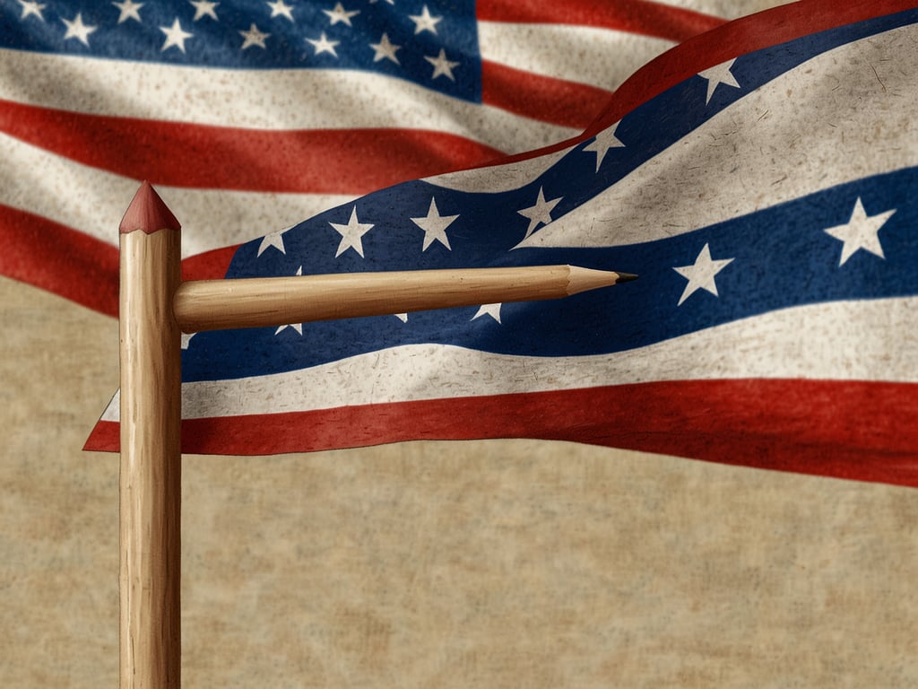 Auf dem Bild sind amerikanische Flaggen und ein Holzpfahl mit einem Bleistift zu sehen. Es hat den Anschein, dass es sich um ein Motiv handelt, das mit Wahlen oder patriotischen Themen verbunden ist.  

Die Wahlen in den USA finden im Jahr 2024 am 5. November statt.
