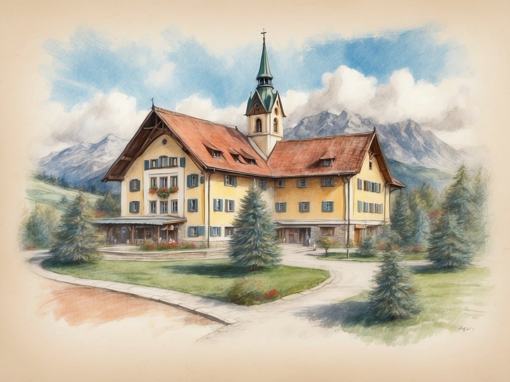 Auf dem Bild ist ein malerisches Gebäude zu sehen, das an einem schönen Ort in den Bergen steht. Es hat eine gelbe Fassade mit einem roten Dach und einem hohen, spitzen Turm. Um das Gebäude herum ist eine gepflegte Gartenlandschaft mit Bäumen und einem Gehweg.

Die Weihnachtsferien für die Schulen in Bayern 2024 sind vom 23. Dezember 2024 bis zum 6. Januar 2025.