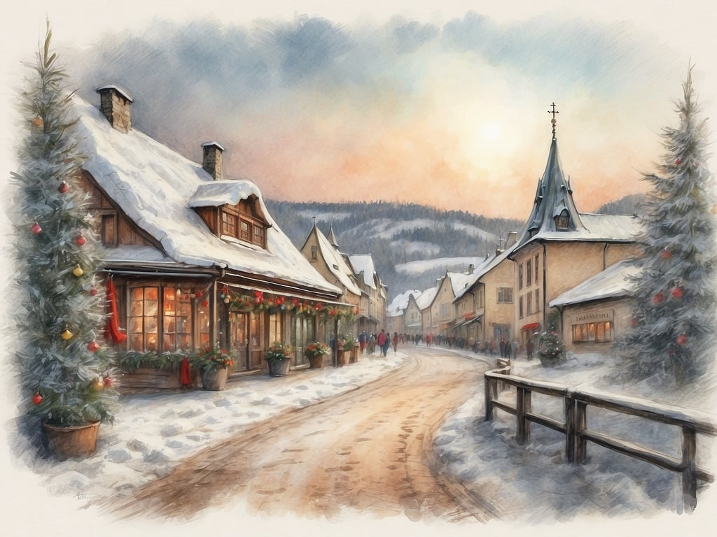 Auf dem Bild ist eine winterliche Szene mit schneebedeckten Häusern und festlich dekorierten Tannenbäumen zu sehen. Die Straße ist sanft geschwungen und es gibt Menschen, die unterwegs sind, während die Sonne am Horizont aufgeht.

Die Weihnachtsferien im Saarland 2024 beginnen voraussichtlich am 23. Dezember 2024 und enden am 6. Januar 2025.