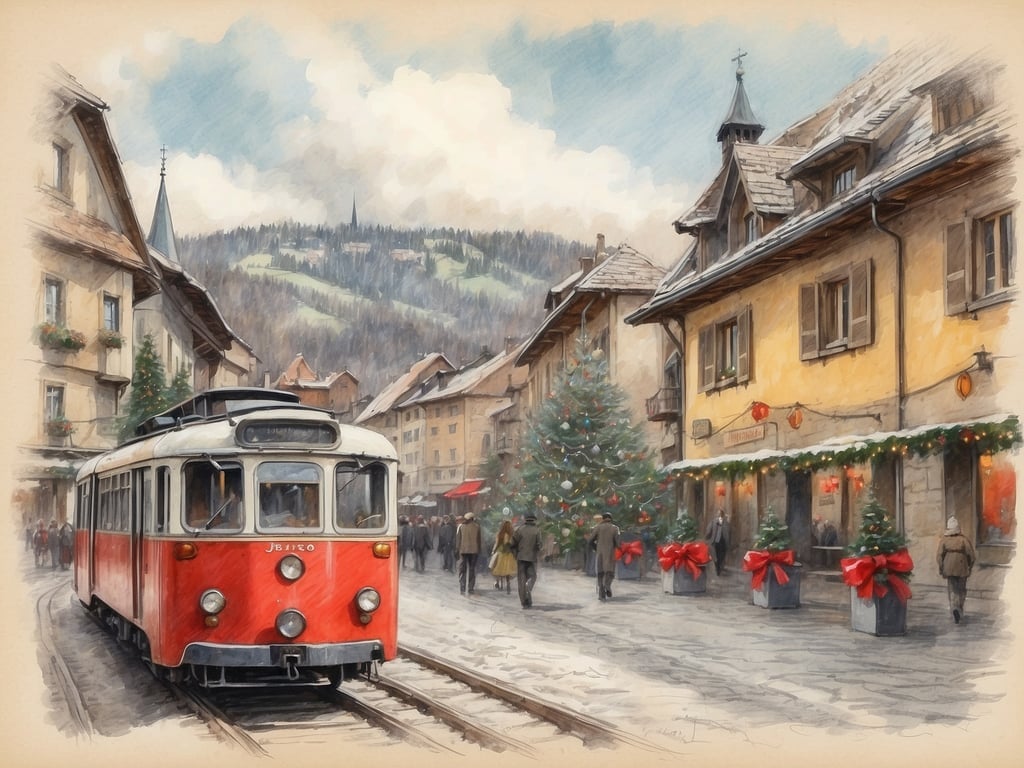 Auf dem Bild ist eine winterliche Stadtansicht zu sehen, in der eine rote Straßenbahn auf einem Schienenweg fährt. Umgeben ist sie von historischen Gebäuden, die festlich dekoriert sind, darunter Weihnachtsbäume und Lichter. Die Szene vermittelt eine charmante, weihnachtliche Atmosphäre.

Die Weihnachtsferien in Baden-Württemberg 2024 sind von Montag, den 23. Dezember 2024, bis Freitag, den 5. Januar 2025.