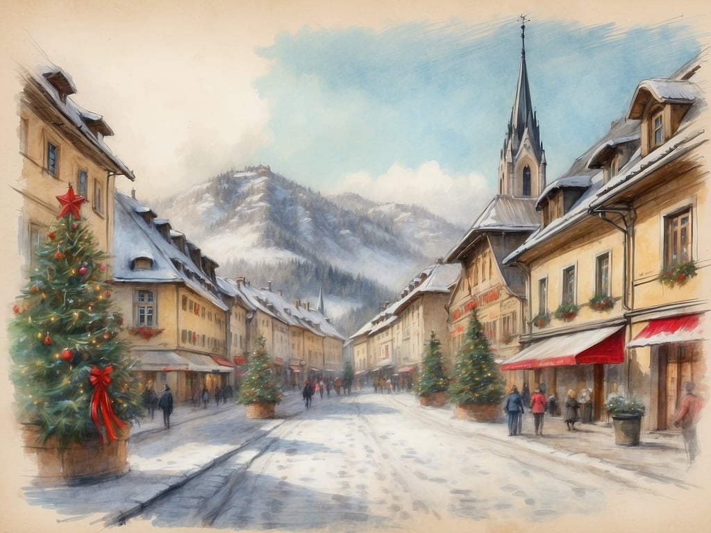 Auf dem Bild ist eine winterliche Stadtansicht zu sehen, die mit Weihnachtsbäumen geschmückt ist. Die Straßen sind schneebedeckt, und es gibt eine malerische Kulisse mit Häusern und einem Kirchturm im Hintergrund. Menschen sind in der Szene unterwegs, was eine festliche Atmosphäre vermittelt.

Die Weihnachtsferien in Baden-Württemberg 2025 sind vom 23. Dezember 2025 bis zum 6. Januar 2026.