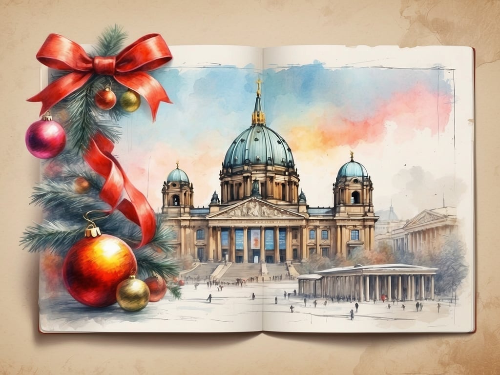 Auf dem Bild ist ein künstlerisches Wesen einer weihnachtlichen Szene zu sehen, das einen festlich geschmückten Weihnachtsbaum mit Kugeln und Schleifen sowie eine architektonische Darstellung eines historischen Gebäudes zeigt. Es wird eine weihnachtliche Atmosphäre vermittelt.

Die Weihnachtsferien in Berlin 2024 sind vom 23. Dezember 2024 bis zum 5. Januar 2025.