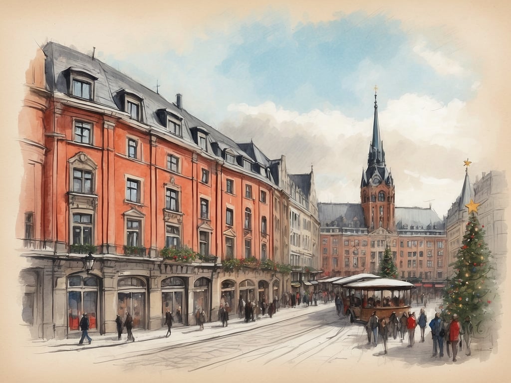 Auf dem Bild ist eine malerische Straßenansicht mit historischen Gebäuden, Menschen, die spazieren gehen, und einem Weihnachtsbaum zu sehen. Im Hintergrund erhebt sich ein markantes Gebäude mit einem hohen Turm. 

Die Weihnachtsferien in Hamburg 2024 sind voraussichtlich vom 23. Dezember 2024 bis zum 6. Januar 2025.