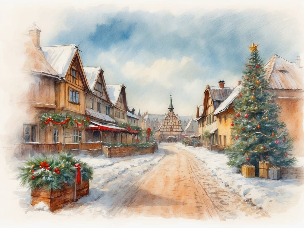 Auf dem Bild ist eine winterliche Landschaft mit verschneiten Häusern zu sehen, die weihnachtlich dekoriert sind. Es gibt einen festlich geschmückten Weihnachtsbaum und einige Geschenke darunter. Die Straße ist ebenfalls mit Schnee bedeckt, was eine gemütliche, festliche Atmosphäre erzeugt.

Die Weihnachtsferien in Mecklenburg-Vorpommern 2024 sind vom 23. Dezember 2024 bis zum 5. Januar 2025.