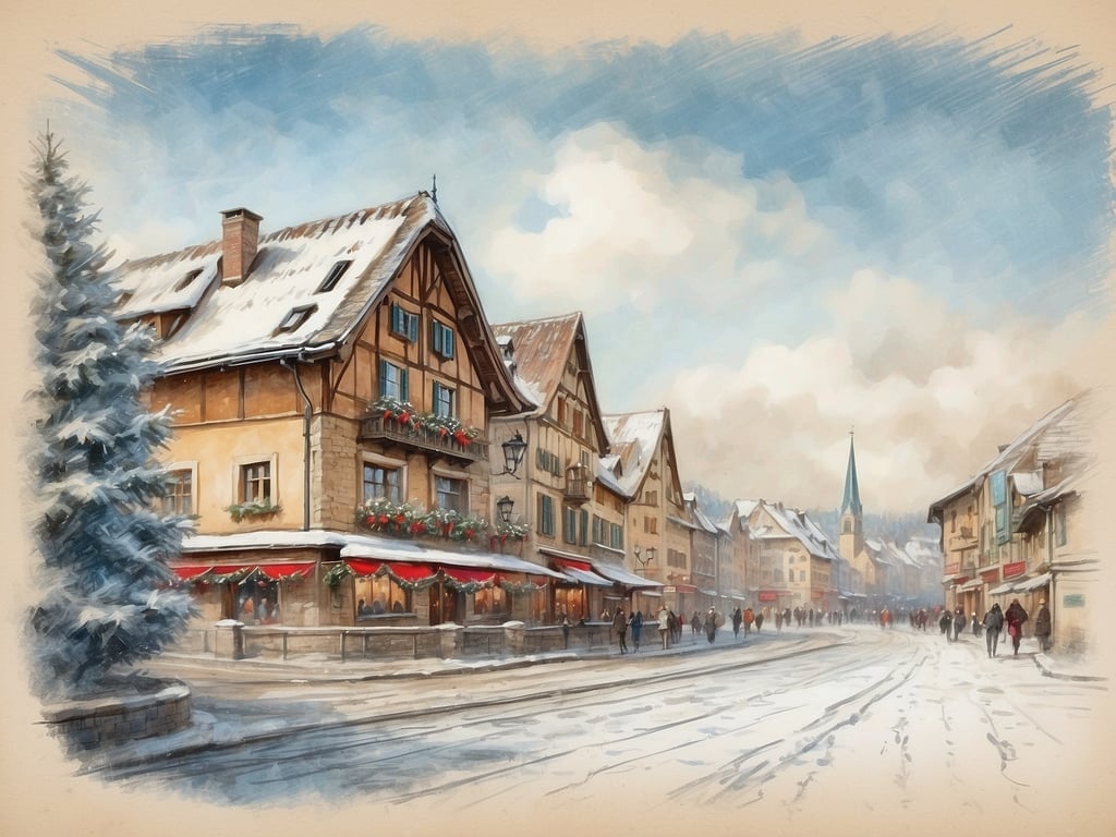 Auf dem Bild ist eine winterliche Stadtansicht zu sehen, mit schneebedeckten Häusern und einem belebten weihnachtlichen Markt. Die Architektur ist traditionell, und es gibt einen festlichen Dekorationsstil, der auf die Weihnachtszeit hindeutet.

Die Weihnachtsferien in Nordrhein-Westfalen 2024 beginnen am 23. Dezember 2024 und enden am 6. Januar 2025.