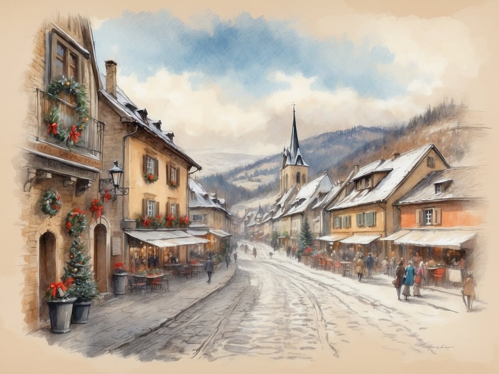 Auf dem Bild ist eine malerische winterliche Szenerie zu sehen, mit schneebedeckten Straßen und schönen, festlich geschmückten Häusern. Bäume sind mit Weihnachtskränzen verziert, und es gibt Menschen, die die Atmosphäre genießen.

Die Weihnachtsferien in Rheinland-Pfalz 2024 sind vom 22. Dezember 2024 bis zum 6. Januar 2025.
