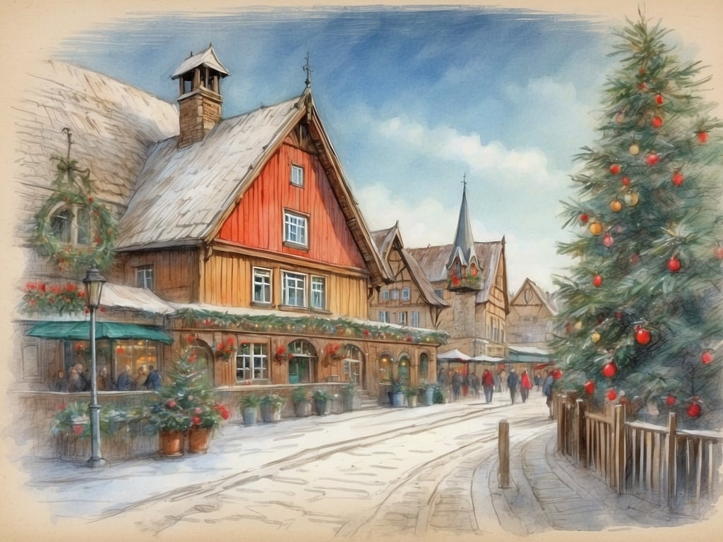 Auf dem Bild ist eine weihnachtlich dekorierte Straße mit traditionellen Gebäuden und einem großen Weihnachtsbaum zu sehen. Die Häuser sind festlich geschmückt, und es scheinen Menschen unterwegs zu sein, was eine gemütliche, festliche Atmosphäre vermittelt.

Die Weihnachtsferien in Schleswig-Holstein 2024 sind vom 23. Dezember 2024 bis zum 6. Januar 2025.