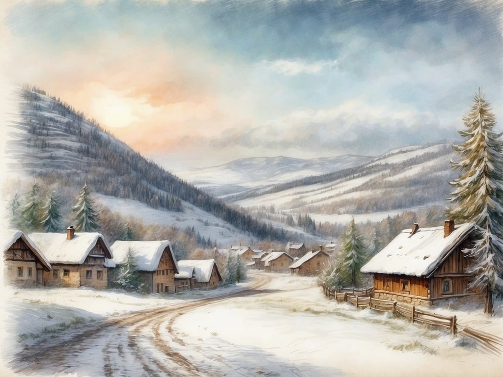 Auf dem Bild ist eine winterliche Landschaft zu sehen, die mit Schnee bedeckt ist. Es gibt mehrere traditionelle, vielleicht rustikale Holzhäuser, die sich entlang eines geschwungenen Weges in einem Tal befinden. Die Szenerie wird von schneebedeckten Bäumen und sanften Hügeln im Hintergrund geprägt, unter einem bewölkten, aber lichtdurchfluteten Himmel.

Die Weihnachtsferien in Thüringen 2024 beginnen am 23. Dezember 2024 und enden am 6. Januar 2025.