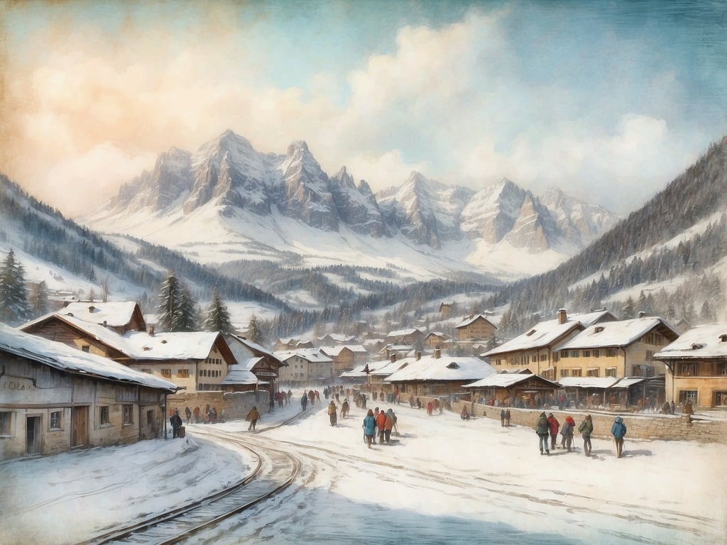 Auf dem Bild ist eine winterliche Landschaft mit schneebedeckten Bergen und einem malerischen Dorf zu sehen. Die Gebäude scheinen rustikal und traditionell zu sein, und es sind viele Menschen sichtbar, die sich in der winterlichen Umgebung bewegen.

Die Winterferien in Baden-Württemberg 2025 sind vom 22. Februar bis zum 2. März.