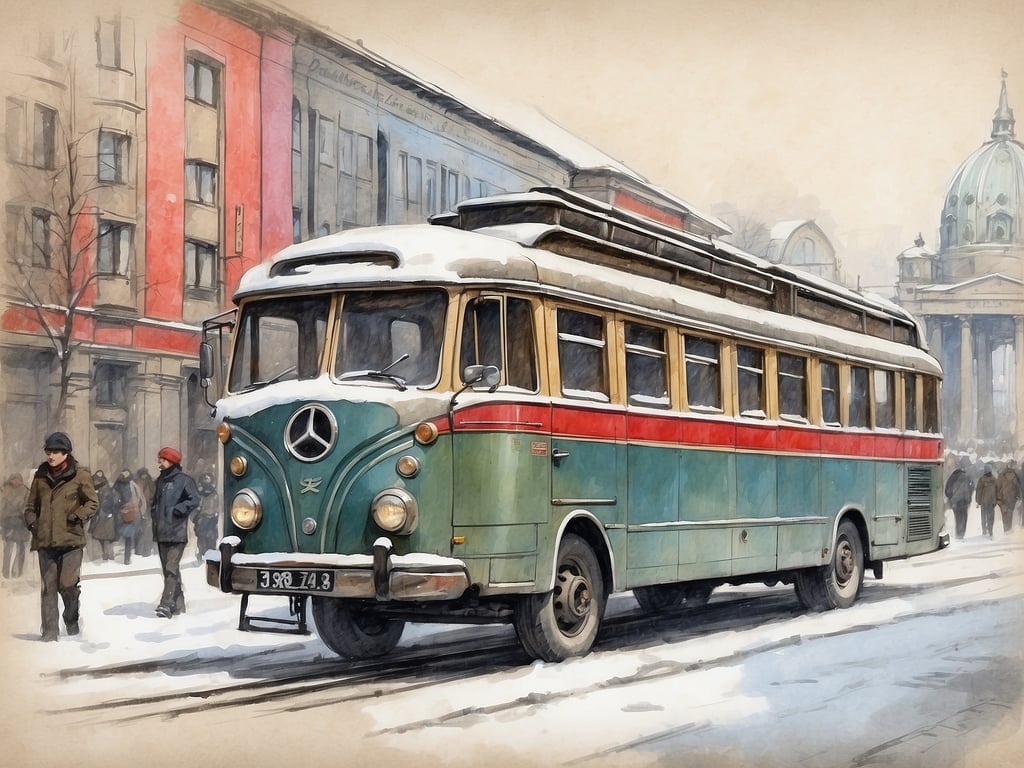 Auf dem Bild ist ein alter Omnibus zu sehen, der im Schnee steht. Die Umgebung wirkt winterlich mit verschneiten Straßen und Gebäuden, während einige Passanten in warmer Kleidung vorbeigehen. 

Die Winterferien in Berlin 2024 sind vom 29. Januar bis zum 2. Februar.
