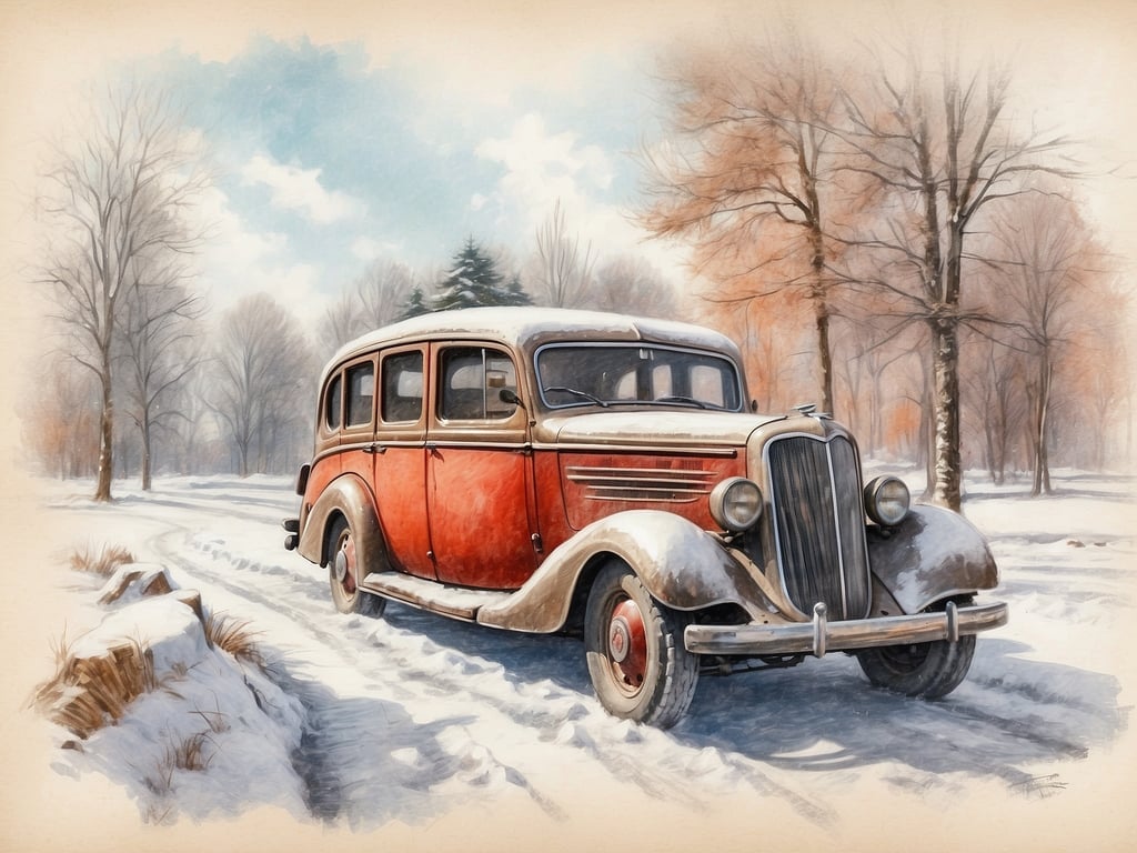 Auf dem Bild ist ein klassisches Auto zu sehen, das in einer winterlichen Landschaft steht. Es ist mit Schnee umgeben, und die Bäume im Hintergrund sind ebenfalls winterlich kahl. 

Die Winterferien in Brandenburg 2024 sind vom 29. Januar bis zum 2. Februar 2024.
