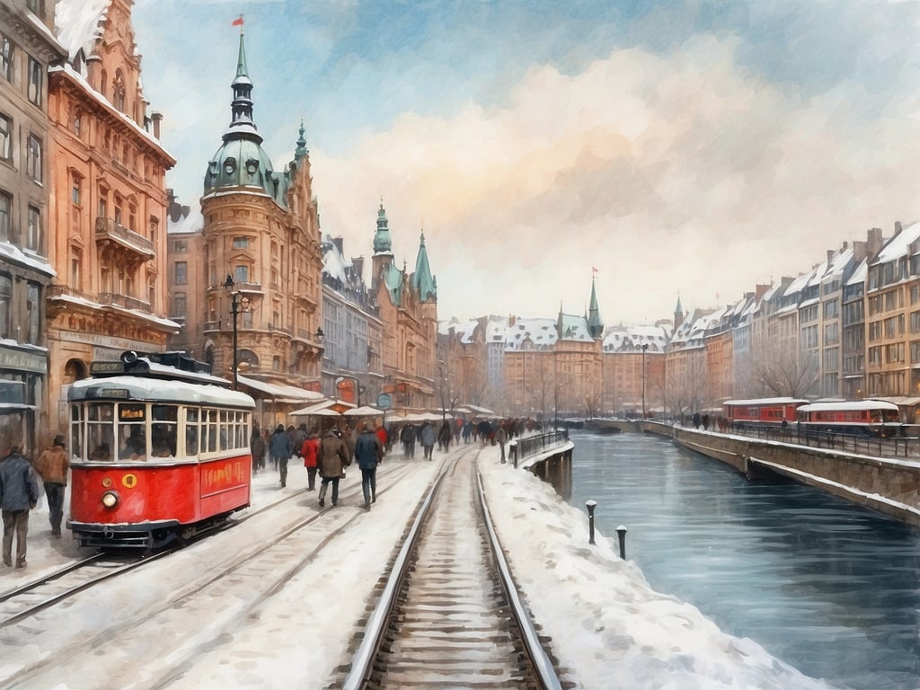 Auf dem Bild ist eine verschneite Straßenansicht mit historischen Gebäuden, einem Kanal und einer Straßenbahn zu sehen. Die Szenerie wirkt malerisch und könnte eine Winterszene in einer Stadt wie Hamburg darstellen.

Die Winterferien in Hamburg 2024 sind vom 12. bis 23. Februar.
