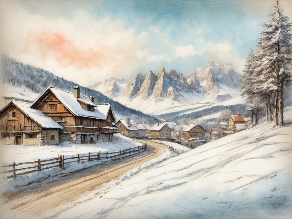 Auf dem Bild ist eine winterliche Landschaft zu sehen, die von schneebedeckten Hügeln und Bergen geprägt ist. Im Vordergrund verläuft ein Weg, an dem traditionelle Holzhäuser stehen. Die Umgebung wirkt ruhig und friedlich, und der Himmel hat eine sanfte Farbnuance.

Die Winterferien in Hessen 2024 beginnen am 22. Dezember 2024 und enden am 6. Januar 2025.