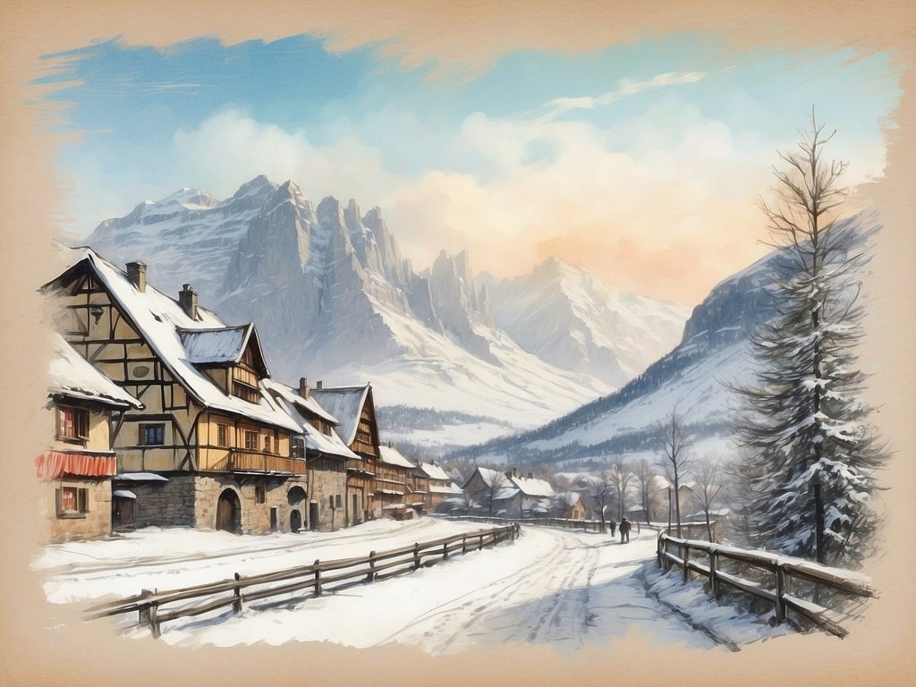Auf dem Bild ist eine winterliche Landschaft zu sehen, die schneebedeckte Berge im Hintergrund und tipische Fachwerkhäuser im Vordergrund zeigt. Eine verschneite Straße schlängelt sich durch die Szene, und es gibt einige Personen, die spazieren gehen.

Die Winterferien in Nordrhein-Westfalen 2024 sind vom 22. Dezember 2024 bis zum 6. Januar 2025.