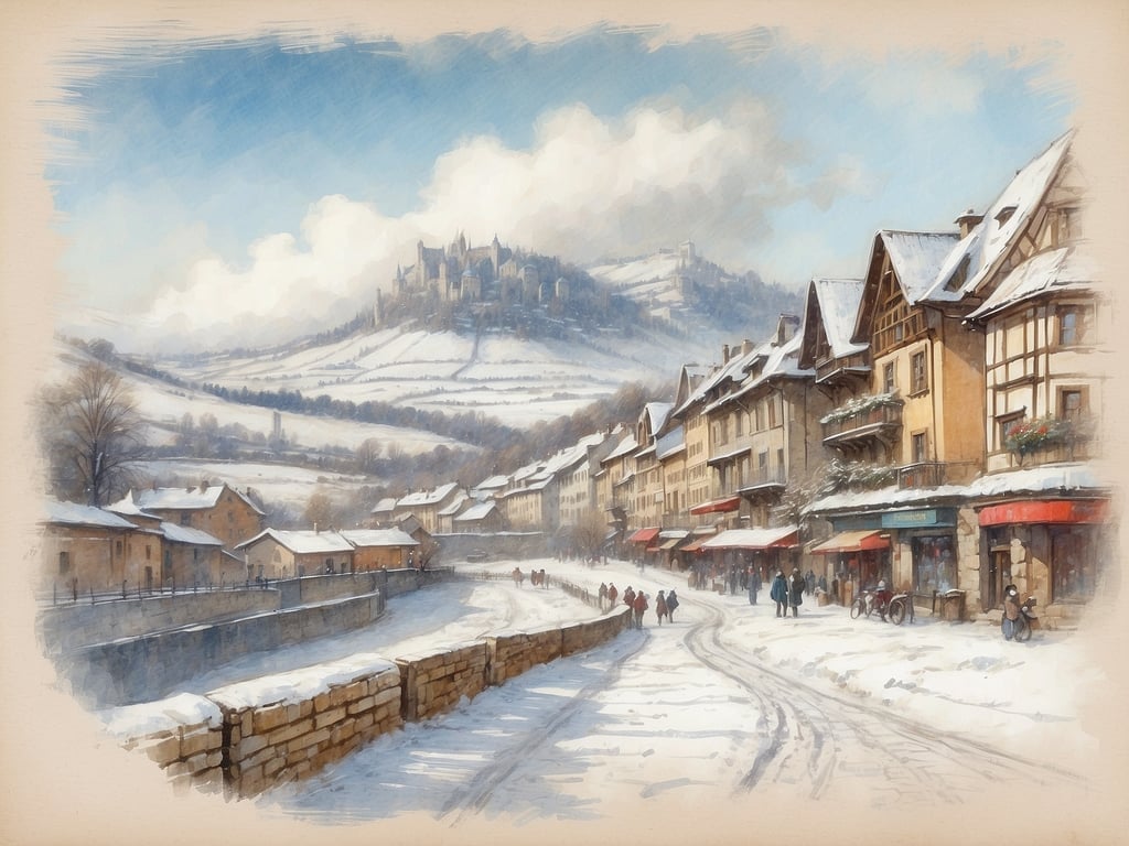 Auf dem Bild ist eine winterliche Landschaft zu sehen, mit einem verschneiten Flussufer, historischen Gebäuden und schneebedeckten Hügeln im Hintergrund. Es scheint, als ob Menschen entlang der Straße spazieren gehen und die Atmosphäre der winterlichen Szene genießen.

Die Winterferien in Rheinland-Pfalz 2024 sind vom 22. Dezember 2024 bis zum 6. Januar 2025.