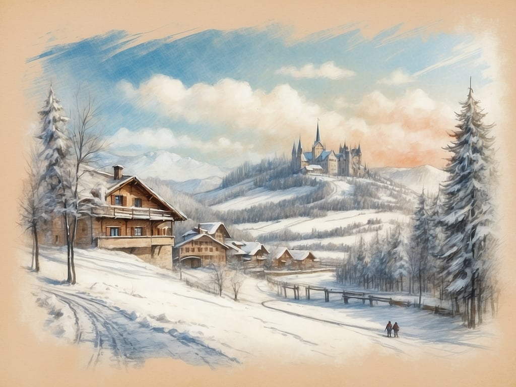 Auf dem Bild ist eine winterliche Landschaft zu sehen, mit verschneiten Hügeln, Bäumen und traditionellen Holzhäusern. Im Hintergrund steht eine Burg oder ein Schloss, umgeben von Bergen und einer blauen Himmel mit weißen Wolken.

Die Winterferien in Sachsen 2024 sind von Samstag, dem 3. Februar 2024, bis Sonntag, dem 11. Februar 2024.