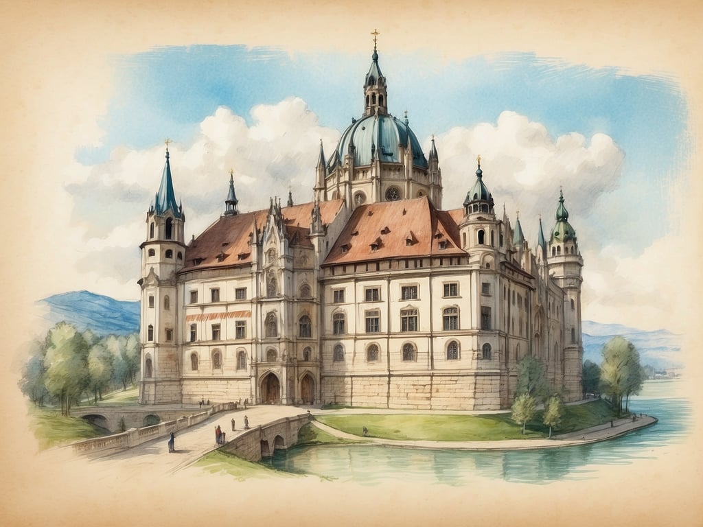Auf dem Bild ist ein historisches Gebäude zu sehen, das an ein Schloss oder eine Residenz erinnert. Es hat markante Türme und eine Kuppel, umgeben von einer malerischen Landschaft.

München wurde um das Jahr 1158 gegründet.