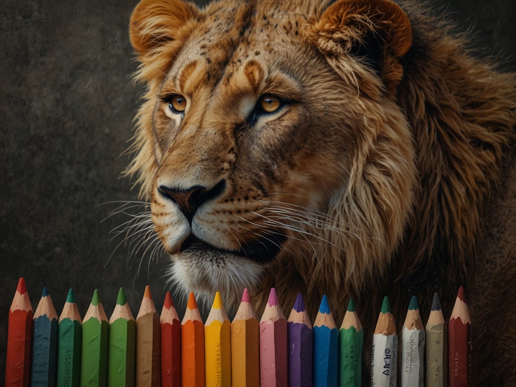 Auf dem Bild ist das Profil eines Löwen zu sehen, der majestätisch und aufmerksam wirkt. Vor dem Löwen befinden sich bunte Buntstifte, die eine kreative Note hinzugefügt. 

In 