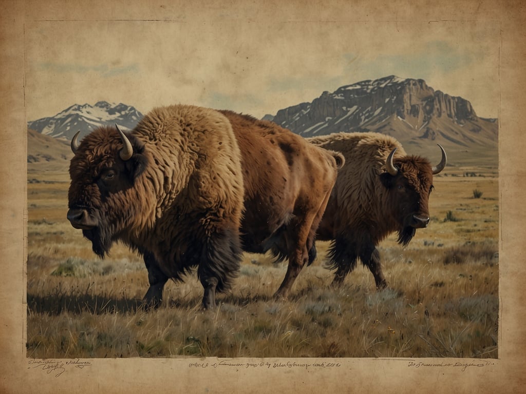 Auf dem Bild sind zwei amerikanische Bisons in einer weiten, natürlichen Landschaft zu sehen, die von Bergen im Hintergrund flankiert wird. Diese majestätischen Tiere sind Symbolfiguren der nordamerikanischen Prärie und spielen eine zentrale Rolle in der Kultur vieler indigenen Völker, die sie als Nahrungsquelle und spirituelles Symbol verehren.

Historisch gesehen waren Bisons in der nordamerikanischen Geschichte extrem wichtig, insbesondere für die Plains-Indianer, die sie für ihre Ernährung, Kleidung und Materialien nutzten. Die Massentötung von Bisons im 19. Jahrhundert, insbesondere durch europäische Siedler, führte jedoch zu einem dramatischen Rückgang ihrer Population und hatte tiefgreifende Auswirkungen auf die Ökosysteme und die Lebensweise der indigenen Völker.

Der dargestellte Ort erinnert auch an die atemberaubende natürliche Schönheit der Rocky Mountains und der Great Plains, die für ihre vielfältige Flora und Fauna bekannt sind. Diese Region ist nicht nur von ökologischer Bedeutung, sondern auch reich an kultureller Geschichte, die bis zu den frühesten menschlichen Siedlungen zurückreicht.