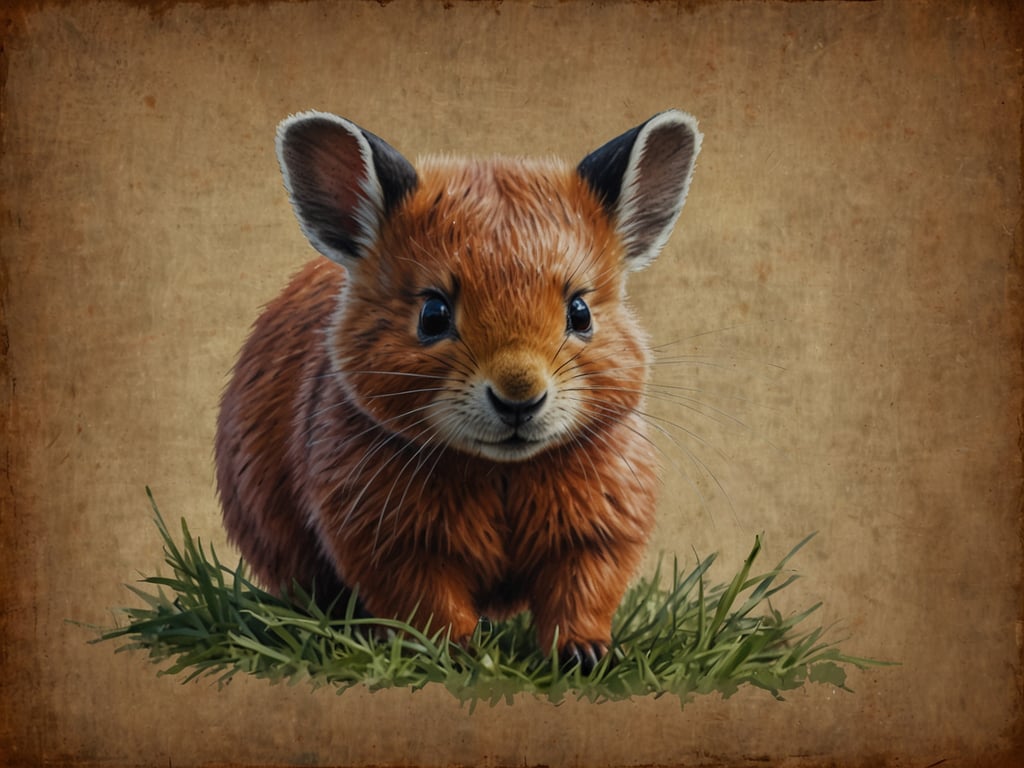 Auf dem Bild ist ein kleines, flauschiges Tier zu sehen, das auf dem Gras sitzt. Wenn ich an die Chamorro-Küche denke, könnte ich mir vorstellen, dass man zu diesem Anblick einen köstlichen 