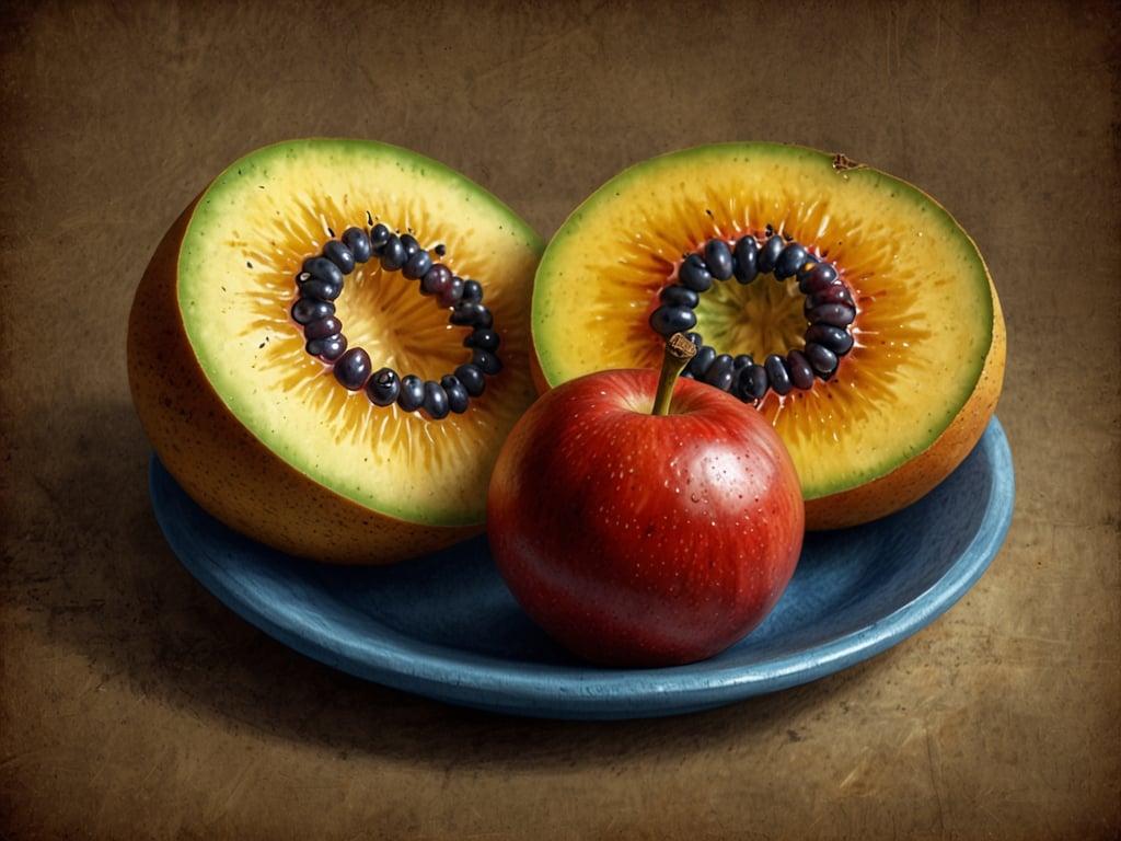 Auf dem Bild sieht man eine ansprechende Anordnung von frischem Obst: zwei Hälften einer melonenartigen Frucht mit einer leuchtenden gelben und grünen Haut sowie einer roten Apfelfrucht in der Mitte. Die gelbe Frucht könnte eine Art von kolumbianischem Obst sein, wie zum Beispiel die 