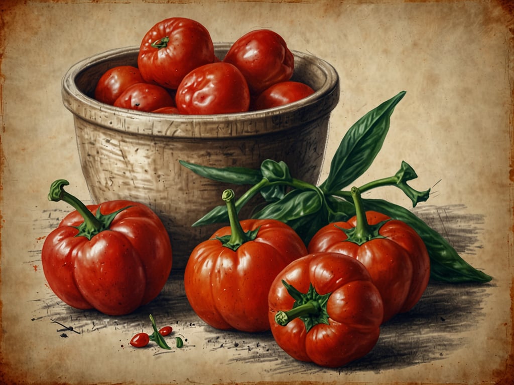 Auf dem Bild sind frische, rote Tomaten in einem Korb sowie einige daneben liegende Tomaten und grüne Blätter zu sehen. Diese Tomaten sind ein wichtiger Bestandteil der nordmazedonischen Küche, die für ihre frischen und aromatischen Zutaten bekannt ist. In Nordmazedonien werden Tomaten häufig in Gerichten wie 
