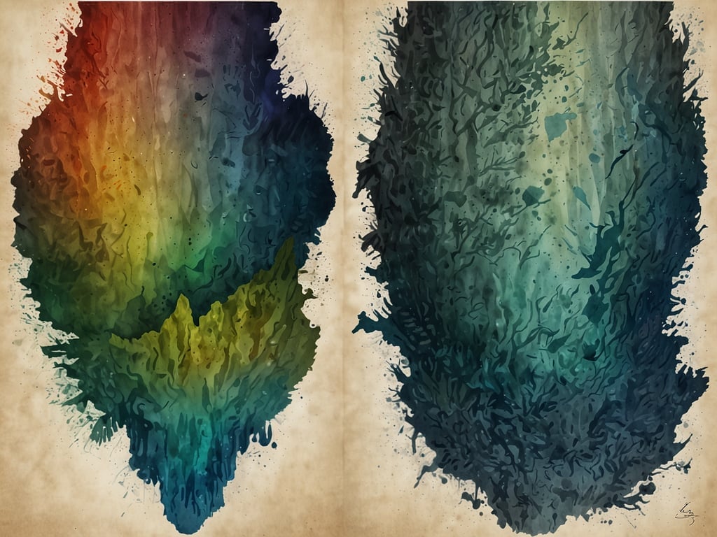 Das Bild zeigt zwei künstlerische Darstellungen, die durch ihre Farben und Formen eine Verbindung zur Natur herstellen. Die linke Hälfte scheint durch ihre Farbenvielfalt an die Schönheit und Vielfalt der Meereswelt zu erinnern, während die rechte Hälfte in dunkleren Tönen gehalten ist, die an maritime Strukturen oder Lebensräume erinnern könnten.

Im Kontext von Nachhaltigkeit und Umweltschutz repräsentiert dieses Werk symbolisch die Verantwortung, die wir gegenüber unseren natürlichen Ressourcen haben. Palau ist ein Beispiel für ein Land, das sich stark für den Schutz seiner Umwelt einsetzt. Mit Initiativen wie der Ausweisung von Meeresschutzgebieten und der Förderung nachhaltiger Praktiken zeigt Palau, wie wichtig der Erhalt der Biodiversität und der Schutz maritimer Ökosysteme sind. 

Die Farben und Formen im Bild können als eine Aufforderung interpretiert werden, die natürliche Schönheit der Welt zu schätzen und gleichzeitig aktiv für ihren Erhalt einzutreten.