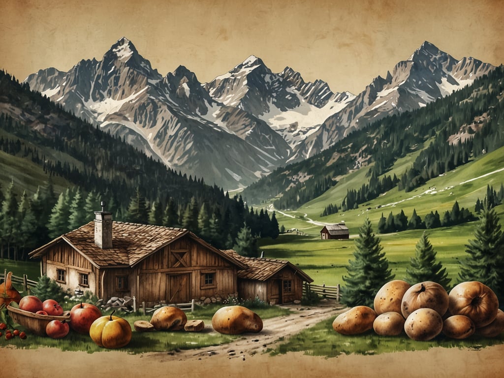 Auf dem Bild ist eine idyllische alpine Landschaft zu sehen, geprägt von majestätischen Bergen im Hintergrund und saftigem Grün im Vordergrund. Im Vordergrund sind verschiedene kulinarische Genüsse angeordnet, darunter Äpfel, Birnen und Kartoffeln, die typisch für die alpine Küche sind. Diese Region ist bekannt für ihre frischen, regionalen Zutaten, die in traditionellen Gerichten verwendet werden. 

Die rustikale Holzhütte und die gemütliche Atmosphäre laden dazu ein, die köstlichen, herzhaften Spezialitäten der alpinen Küche zu entdecken, wie etwa Käse, Speck und Kartoffelgerichte, die oft von den lokal angebauten Früchten begleitet werden. Die Kombination aus Natur und Kulinarik schafft ein harmonisches Erlebnis, das die Seele der Alpen widerspiegelt.