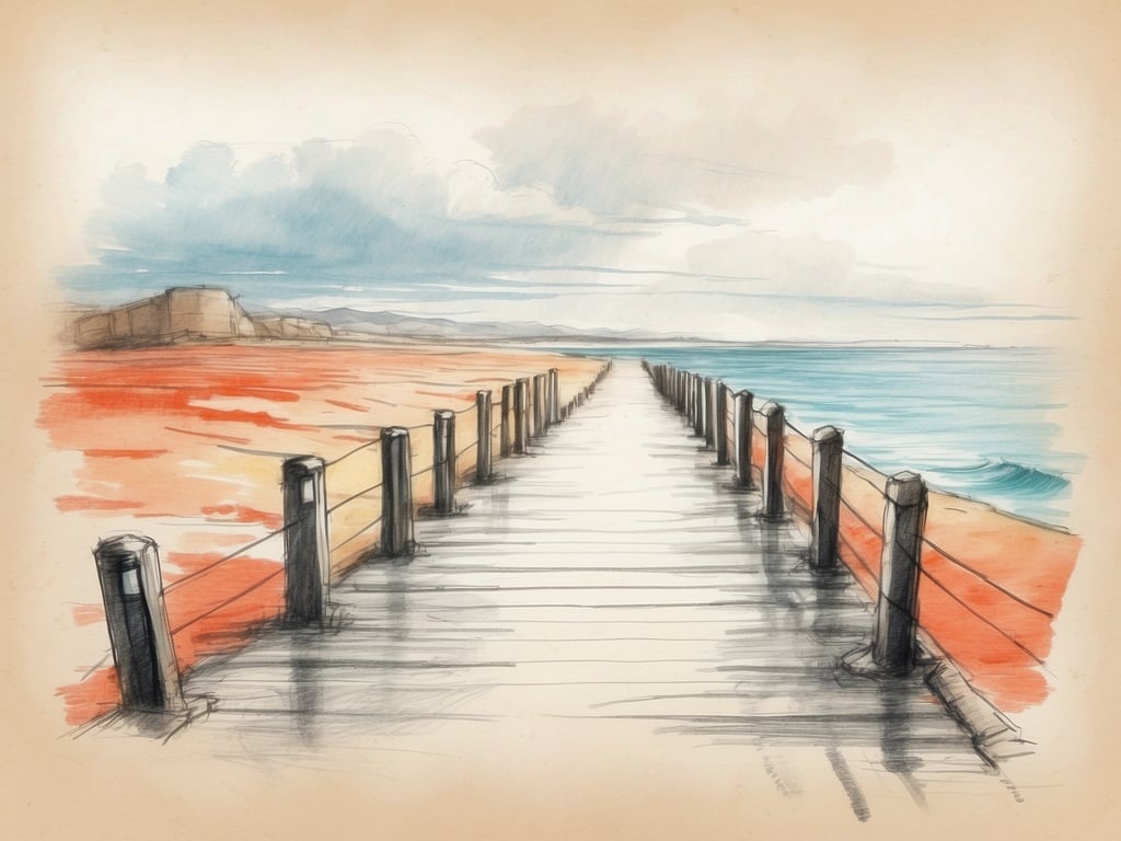 Auf dem Bild ist ein Holzsteig zu sehen, der sich über einen Strand erstreckt und ins Meer führt. Der Himmel ist bewölkt, und das Wasser hat verschiedene Blautöne. An den Seiten des Steigs stehen Pfosten mit Seilen, und der Strand zeigt einen rötlichen Farbton.

Warum hat die Ostsee keine Gezeiten? Die Ostsee hat nur sehr geringe Gezeiten aufgrund ihrer relativ geringen Tiefe, ihrer engen Verbindung zu anderen Gewässern und der spezifischen geografischen Gegebenheiten, die die Wasserbewegungen beeinflussen.