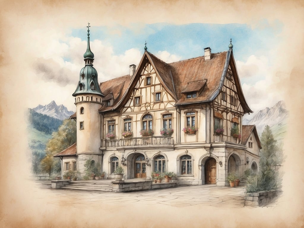 Auf dem Bild ist ein malerisches, historisches Gebäude zu sehen, das architektonische Elemente im Fachwerkstil aufweist. Es scheint umgeben von einer wunderschönen Landschaft mit Bergen und Bäumen zu sein, was eine idyllische Atmosphäre schafft.

Warum heißt München 