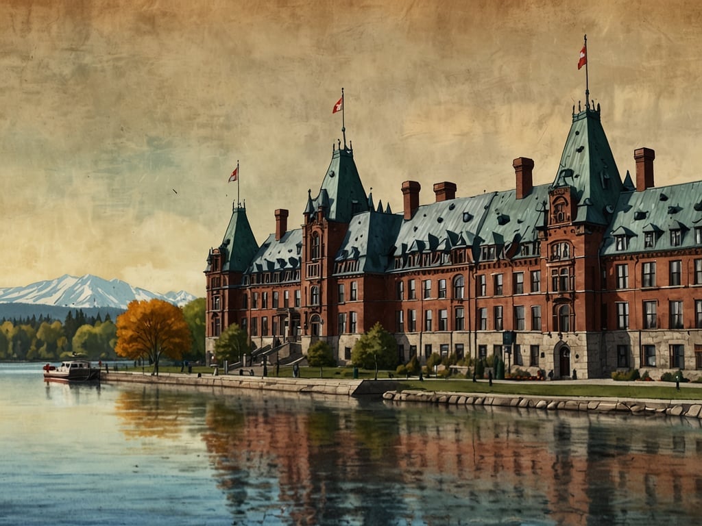 Auf dem Bild ist ein elegantes historisches Gebäude zu sehen, das an einem Wasserlauf liegt, umgeben von Bäumen und Bergen im Hintergrund. 

Ottawa ist die Hauptstadt von Kanada, weil sie strategisch im zentralen Osten des Landes liegt und somit sowohl Anglophonen als auch Francophonen einen neutralen Standort bietet. Zudem ist sie ein wichtiges politisches Zentrum und beherbergt die wichtigsten Regierungsgebäude, darunter das Parlamentsgebäude. Ottawa verfügt auch über eine reiche Geschichte und kulturelle Vielfalt, die zur Wahl als Hauptstadt beigetragen haben.