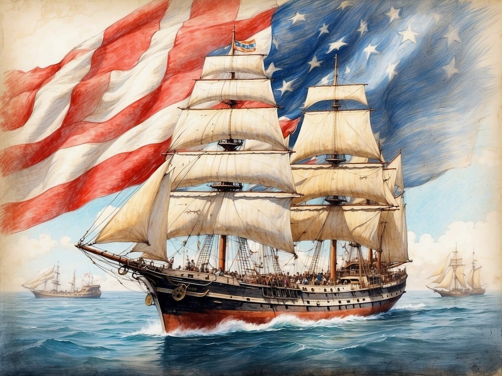 Auf dem Bild ist ein historisches Segelschiff zu sehen, das mit vielen Segeln ausgestattet ist. Im Hintergrund sind Fahrten auf offener See zu erkennen, und im oberen Teil des Bildes ist die amerikanische Flagge platziert, die eine maritime Atmosphäre schafft.

Zu deiner Frage: Bremen, Hamburg und Berlin sind Stadtstaaten in Deutschland, weil sie sowohl Stadt als auch Bundesland sind. Diese Städte haben eine eigene Landesregierung und sind unabhängig von anderen Bundesländern. Ihre historische Entwicklung, besonders als Handelsstädte und als bedeutende wirtschaftliche Zentren, hat zur Schaffung dieses besonderen Status beigetragen. Daher genießen sie eine einzigartige politische und administrative Struktur innerhalb des deutschen Föderalismus.