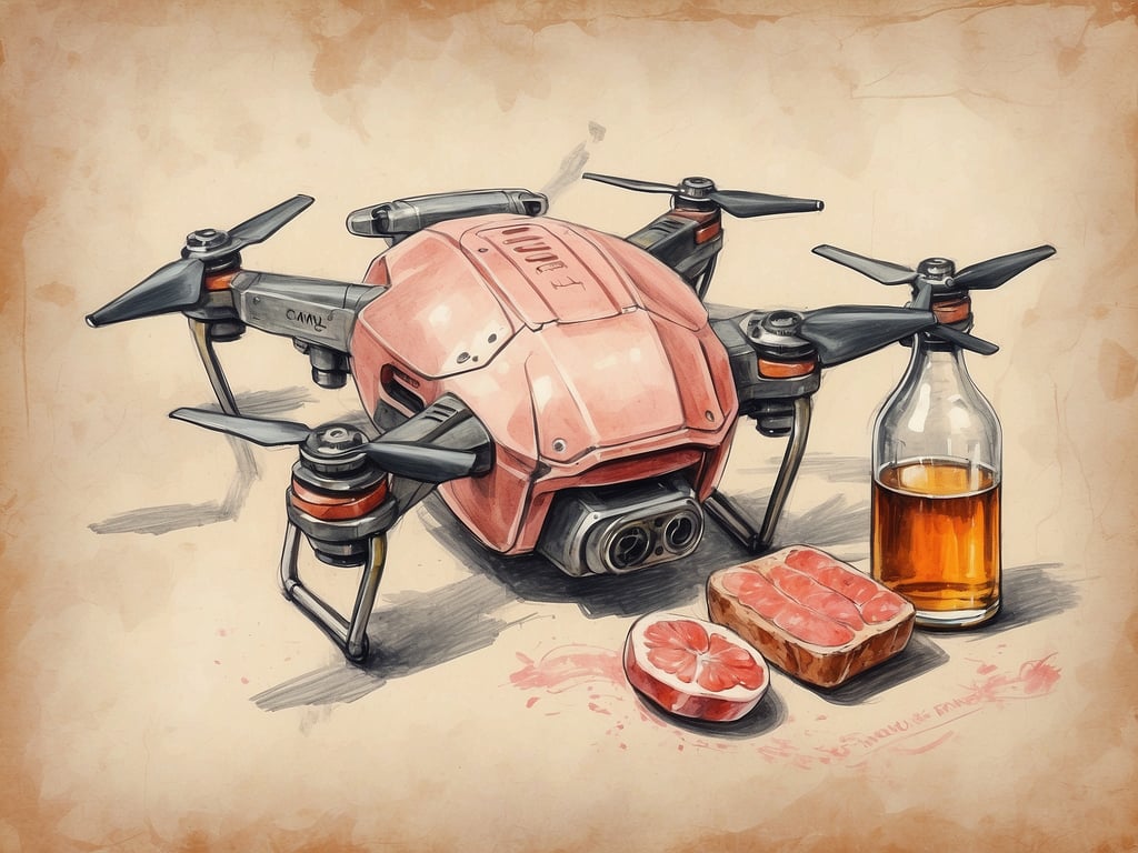 Auf dem Bild ist ein Drohne zu sehen, die neben einer Flasche, etwas Fleisch und einer Grapefruit platziert ist. 

Was man nicht auf die Malediven mitnehmen darf, sind unter anderem Alkohol, frisches Fleisch und Drogen. Daher wäre es nicht zulässig, diese Artikel auf den Malediven zu importieren.