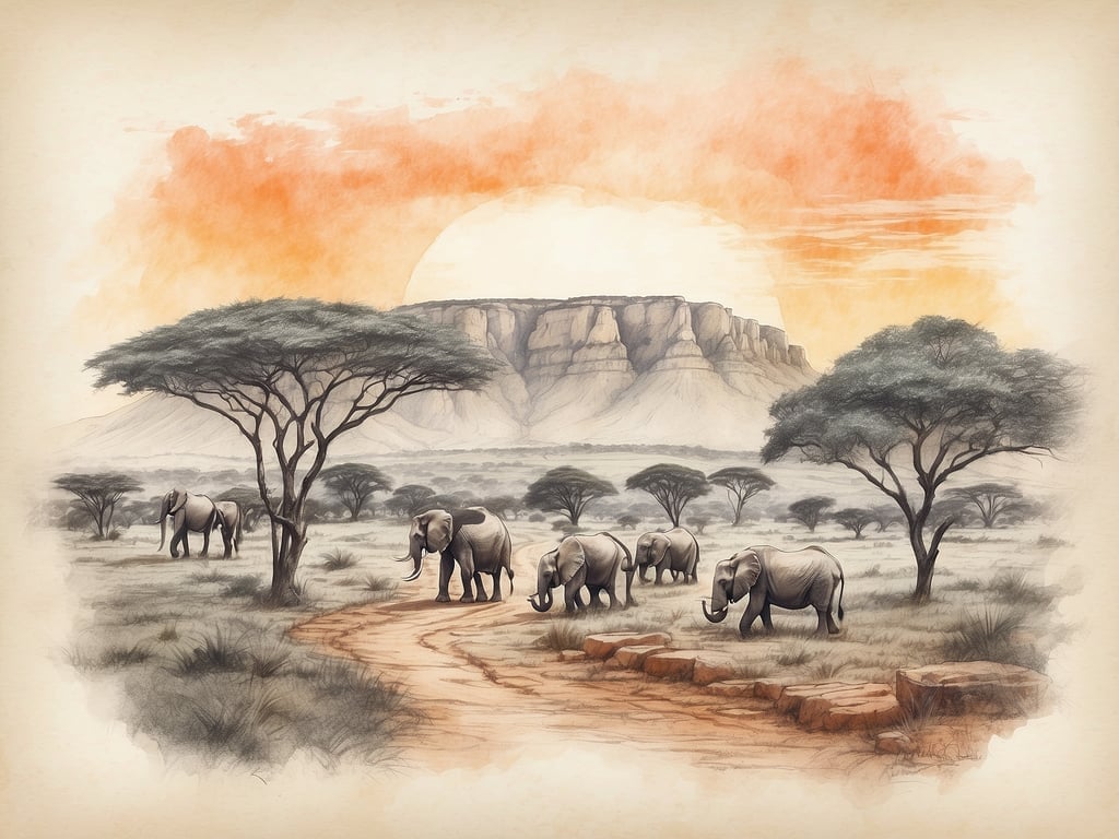 Auf dem Bild sind Elefanten in einer savannenähnlichen Landschaft zu sehen, umgeben von Akazienbäumen und einer hügeligen Kulisse im Hintergrund. Die Szenerie vermittelt das Gefühl eines sonnigen afrikanischen Tages mit einem farbenfrohen Himmel.

Was gehört zu Südafrika? Elefanten sind Teil der faszinierenden Tierwelt in Südafrika, wo viele Wildreservate und Nationalparks existieren, die eine Vielzahl von Tierarten beherbergen. Die Landschaft erinnert an typische Savannenregionen, die auch in berühmten Nationalparks wie dem Kruger-Nationalpark zu finden sind.
