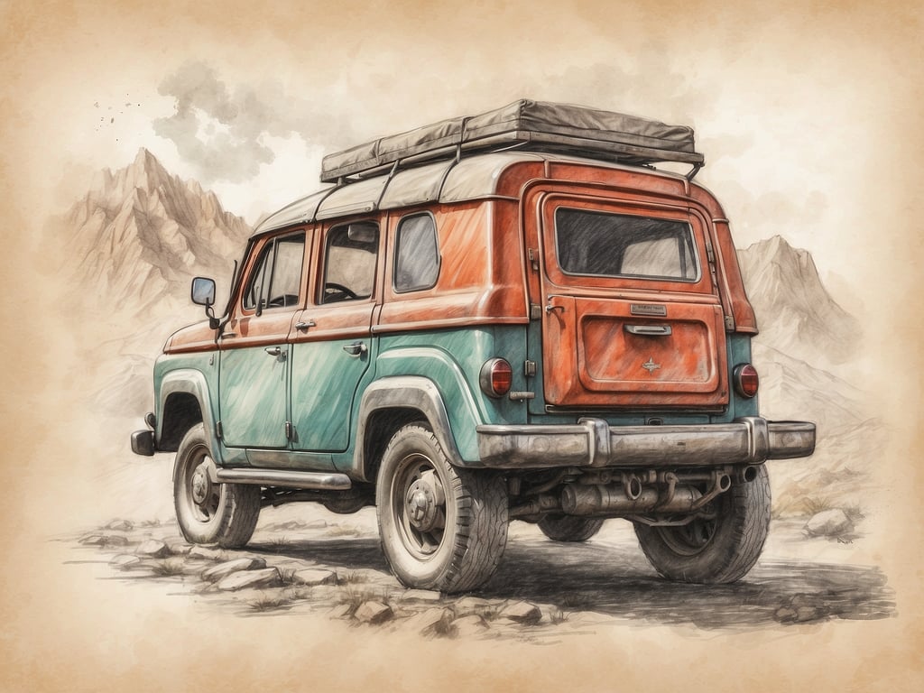 Auf dem Bild ist ein farbenfroher, vintage Aussehen SUV zu sehen, der auf einer staubigen Straße oder in einer felsigen Landschaft steht. Der Wagen hat ein charakteristisches Design mit einer orangefarbenen und blauen Lackierung sowie einem Gepäckträger auf dem Dach.

Ein Roadtrip versteht man als eine Reise, bei der man mit dem Auto längere Strecken zurücklegt, oft mit dem Ziel, verschiedene Orte zu entdecken oder zu erkunden. Dabei geht es häufig weniger um den direkten Weg von A nach B, sondern mehr um die Erlebnisse und Abenteuer, die man unterwegs hat. Roadtrips sind beliebt für spontane Stops, das Genießen der Landschaft und das Verweilen an interessanten Orten.