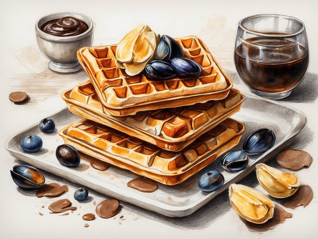 Auf dem Bild sieht man eine Portion Waffeln, die mit verschiedenen Früchten und möglicherweise Schokoladensauce oder einer anderen süßen Sauce serviert werden. 

In Belgien isst man oft Waffeln, die bekannt sind für ihre knusprige Textur und süßen Toppings. Beliebte Variationen sind die Brüsseler und die Lütticher Waffeln, die oft mit Früchten, Schlagsahne oder Schokolade serviert werden.