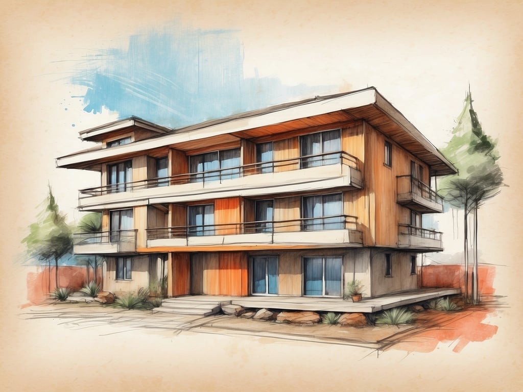 Auf dem Bild ist eine künstlerische Skizze eines modernen Mehrfamilienhauses zu sehen. Es hat mehrere Stockwerke mit großen Fenstern und Balkonen, die aus einer Kombination von Holz und anderen Materialien gebaut sind.

Das Konzept der Leonardo Hotels basiert auf einer Kombination aus Komfort, Funktionalität und Gastfreundschaft. Die Hotels bieten eine einladende Atmosphäre, moderne Annehmlichkeiten und sind oft in zentralen Lagen, um den Gästen sowohl Geschäfts- als auch Freizeitangebote nahtlos zugänglich zu machen. Das Ziel ist es, den Aufenthalt der Gäste so angenehm und unkompliziert wie möglich zu gestalten.