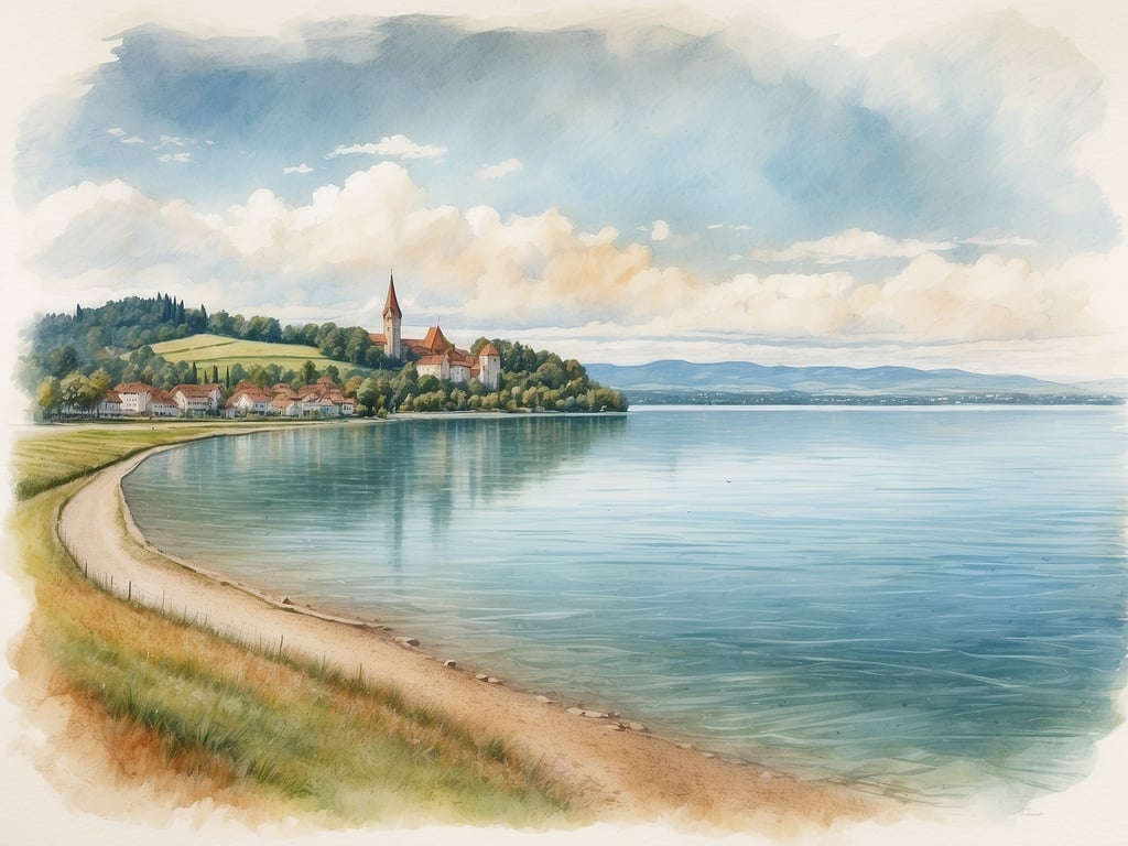 Auf dem Bild ist eine malerische Landschaft mit einem See, einem Uferweg, sanften Hügeln und einer kleinen Ansiedlung, die an den Ufern des Sees liegt. Im Hintergrund gibt es eine Kirche oder ein Schloss auf einem Hügel. 

Was ist der größte See in Deutschland? Der größte See in Deutschland ist der Bodensee.