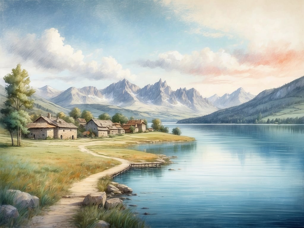 Auf dem Bild sind eine malerische Landschaft mit einem ruhigen Gewässer, Bergen im Hintergrund und einer kleinen Ansiedlung von Häuschen zu sehen. Der Weg führt entlang des Wassers und durch eine grüne Wiese. 

Der Lago Maggiore ist ein malerischer See im Norden Italiens und der Schweiz, bekannt für seine beeindruckenden Landschaften, charmanten Dörfer und das milde Klima. Er ist ein beliebtes Ziel für Touristen, die die Natur, Freizeitaktivitäten und kulturelle Sehenswürdigkeiten genießen möchten.