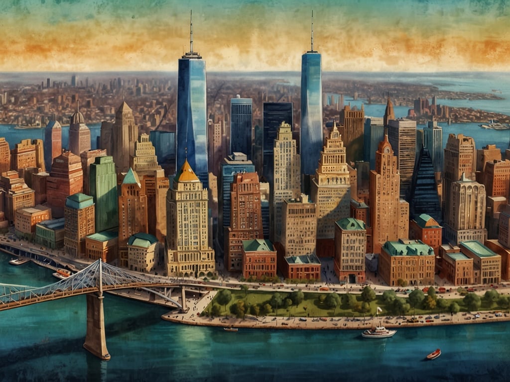 Auf dem Bild ist eine malerische Ansicht einer Stadt mit hohen Wolkenkratzern und einem Fluss zu sehen. Die Architektur wirkt modern und der Himmel hat einen warmen Farbton. Der Vordergrund zeigt eine Brücke und einige kleine Boote im Wasser.

Was ist die größte Stadt in den USA? New York City.